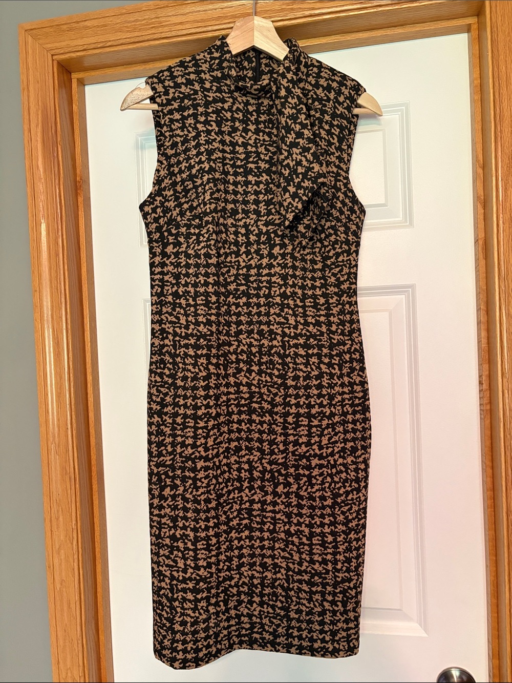 Calvin Klein Black and Tan Printed Midi Sheath Dress